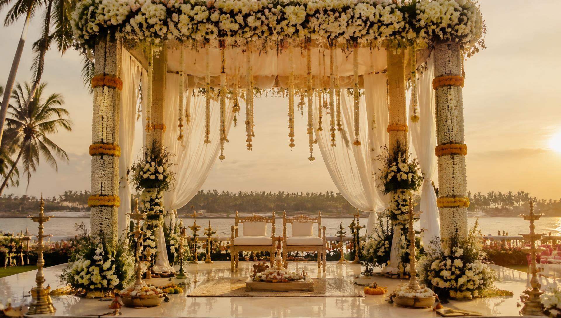 Kerala wedding mandapam decorated with jasmine and marigold at sunset